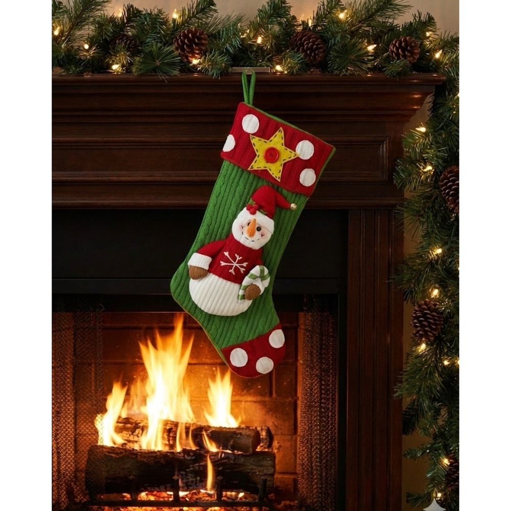 Adorable, Plush 3D Snowman On‎ Green Cable Knit Christmas Stocking Star Appliqué
